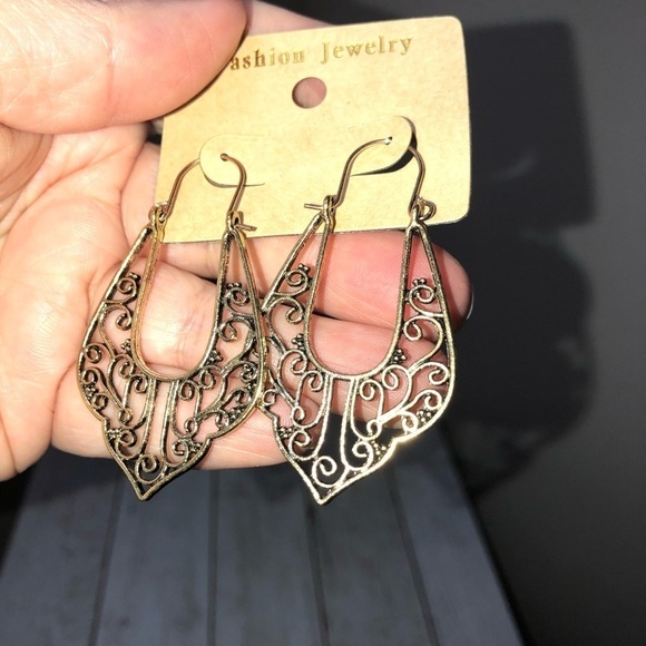Boho Filigree Antique Style Gold Hoop Earrings - Picture 2 of 6